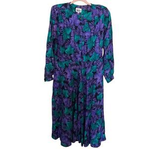 Leslie Fay Women's Vintage 80s 90s Floral Midi Dress Purple Green Size 10
